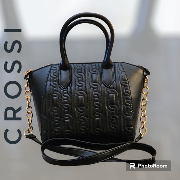 CROSSI Black Chain Link Quilted Faux Leather Hand Crossbody Bag NWOT - Picture 1 of 9